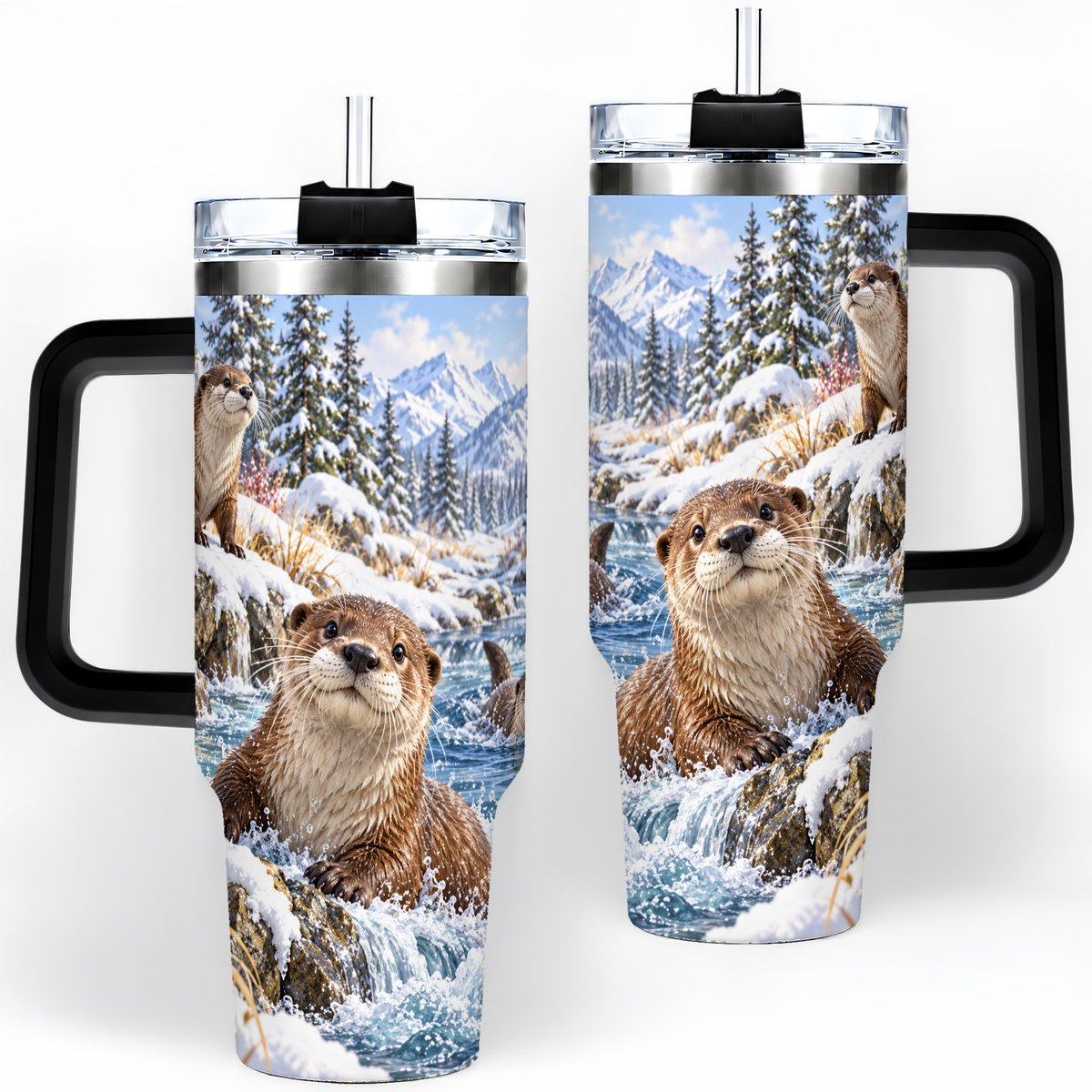 #pl[40oz|Black] Winter Otters Tumbler 40oz, Alpine River Wildlife Artwork
