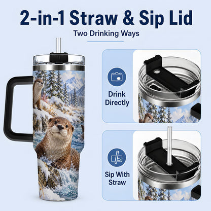 #pl[40oz|Black] Winter Otters Tumbler 40oz, Alpine River Wildlife Artwork