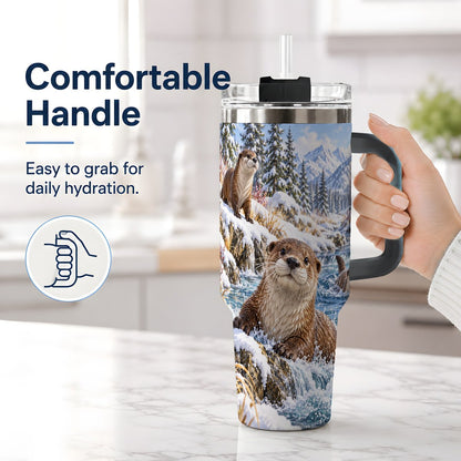 #pl[40oz|Black] Winter Otters Tumbler 40oz, Alpine River Wildlife Artwork