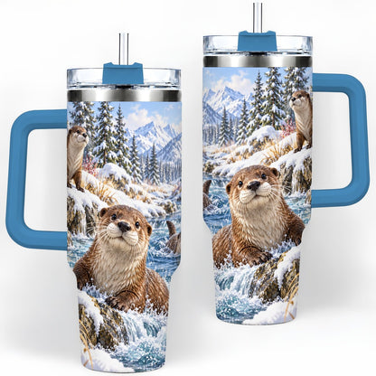 #pl[40oz|Blue] Winter Otters Tumbler 40oz, Alpine River Wildlife Artwork