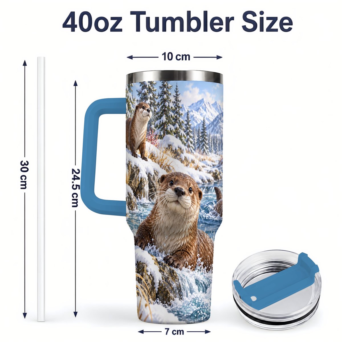 #pl[40oz|Blue] Winter Otters Tumbler 40oz, Alpine River Wildlife Artwork