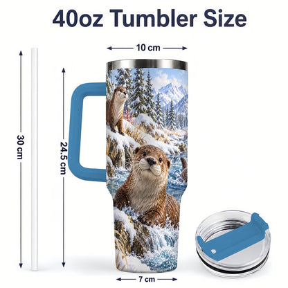#pl[40oz|Blue] Winter Otters Tumbler 40oz, Alpine River Wildlife Artwork