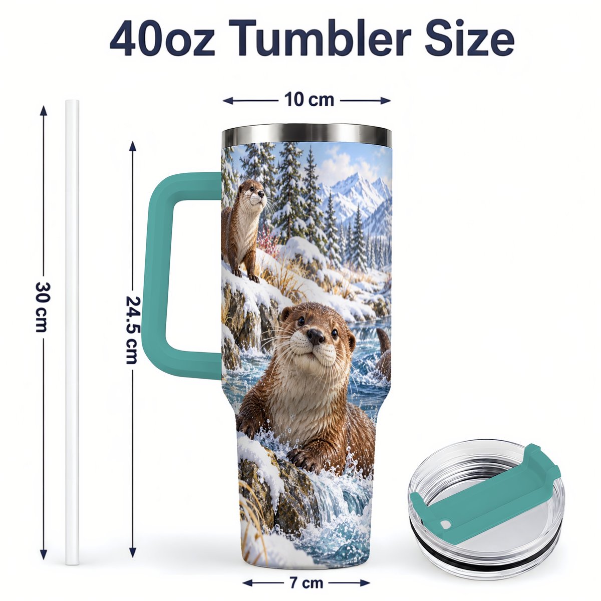 #pl[40oz|Green] Winter Otters Tumbler 40oz, Alpine River Wildlife Artwork