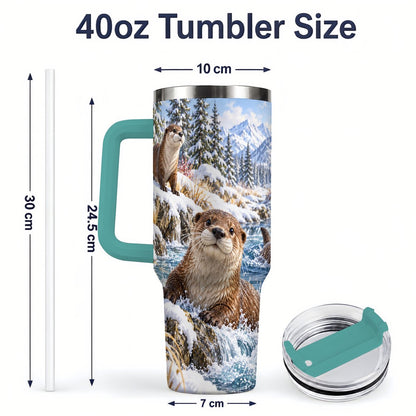 #pl[40oz|Green] Winter Otters Tumbler 40oz, Alpine River Wildlife Artwork