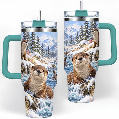 #pl[40oz|Green] Winter Otters Tumbler 40oz, Alpine River Wildlife Artwork