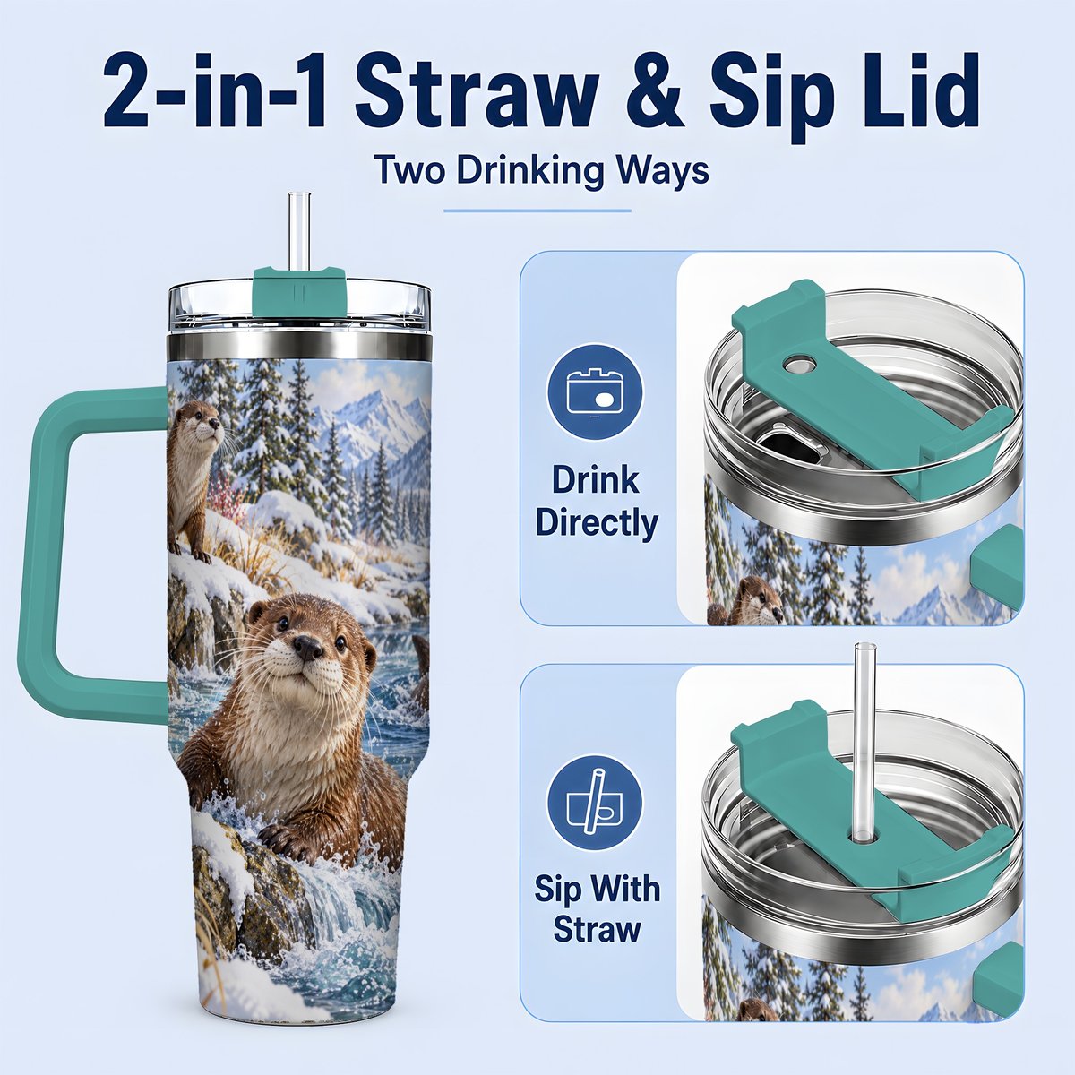 #pl[40oz|Green] Winter Otters Tumbler 40oz, Alpine River Wildlife Artwork