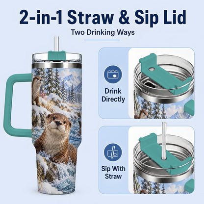 #pl[40oz|Green] Winter Otters Tumbler 40oz, Alpine River Wildlife Artwork
