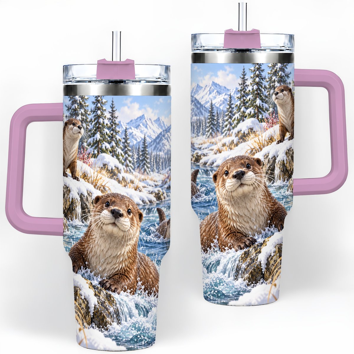 #pl[40oz|Pink] Winter Otters Tumbler 40oz, Alpine River Wildlife Artwork