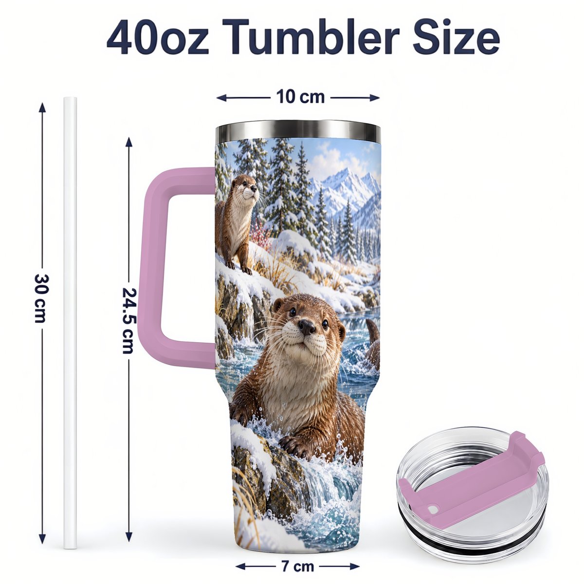 #pl[40oz|Pink] Winter Otters Tumbler 40oz, Alpine River Wildlife Artwork