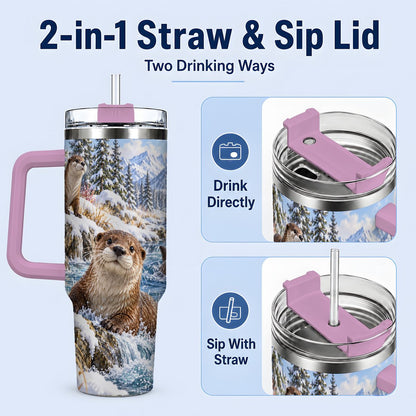 #pl[40oz|Pink] Winter Otters Tumbler 40oz, Alpine River Wildlife Artwork
