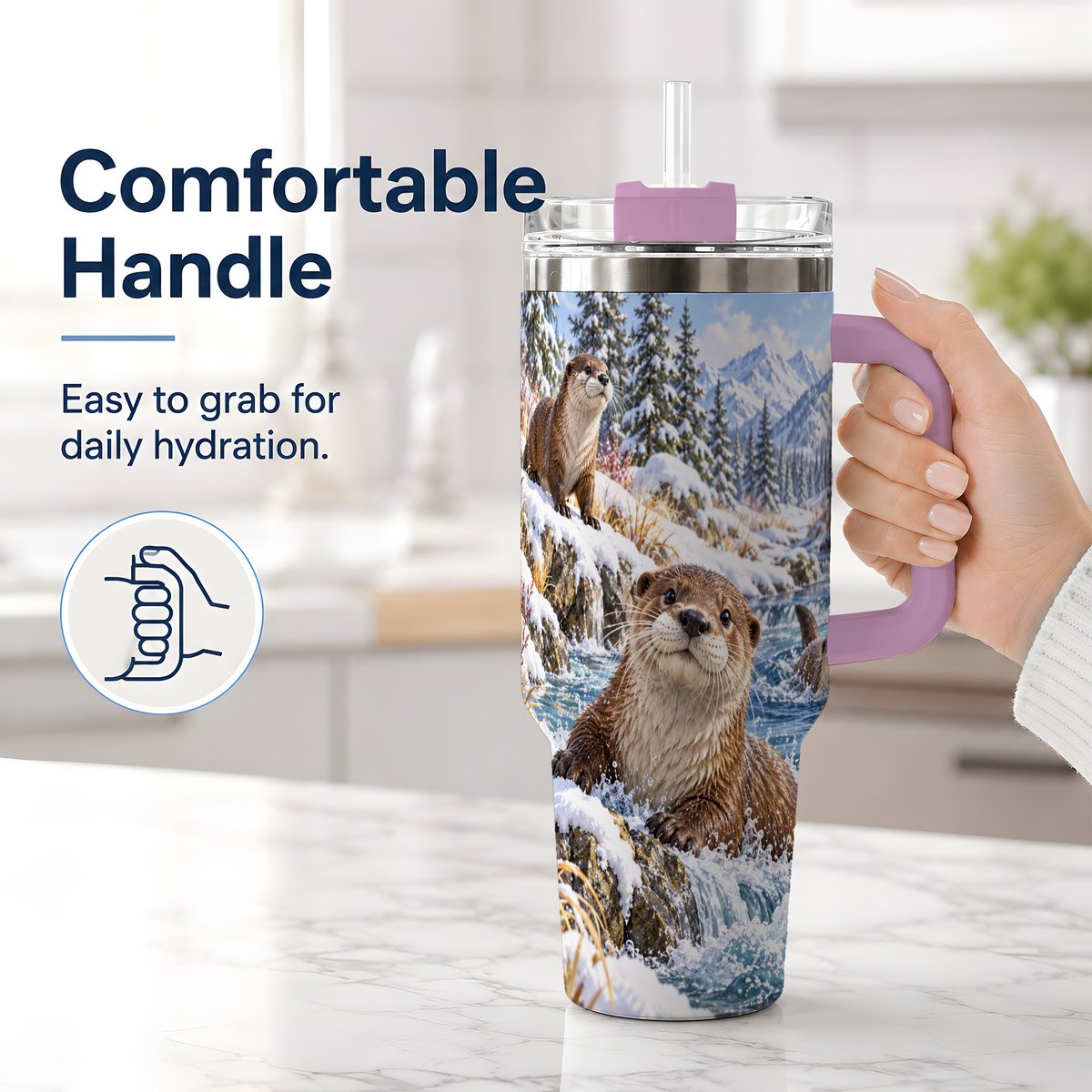 #pl[40oz|Pink] Winter Otters Tumbler 40oz, Alpine River Wildlife Artwork