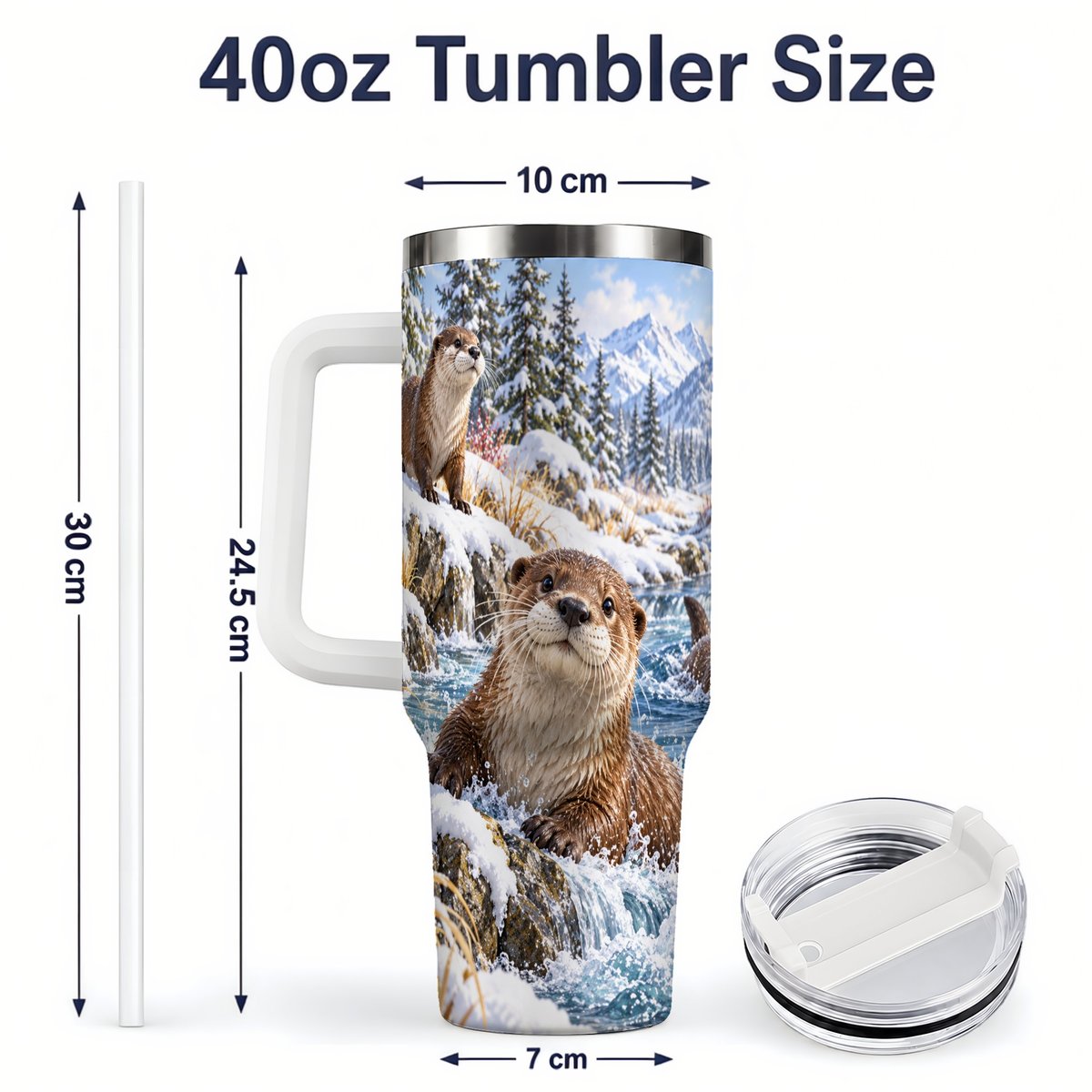 #pl[40oz|White] Winter Otters Tumbler 40oz, Alpine River Wildlife Artwork
