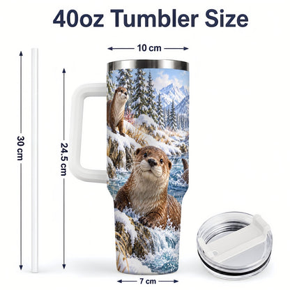 #pl[40oz|White] Winter Otters Tumbler 40oz, Alpine River Wildlife Artwork