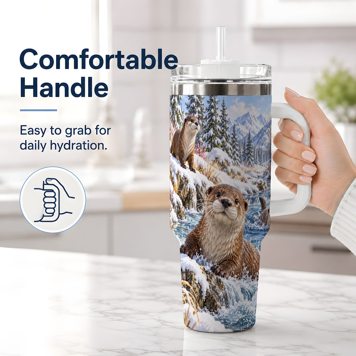 #pl[40oz|White] Winter Otters Tumbler 40oz, Alpine River Wildlife Artwork
