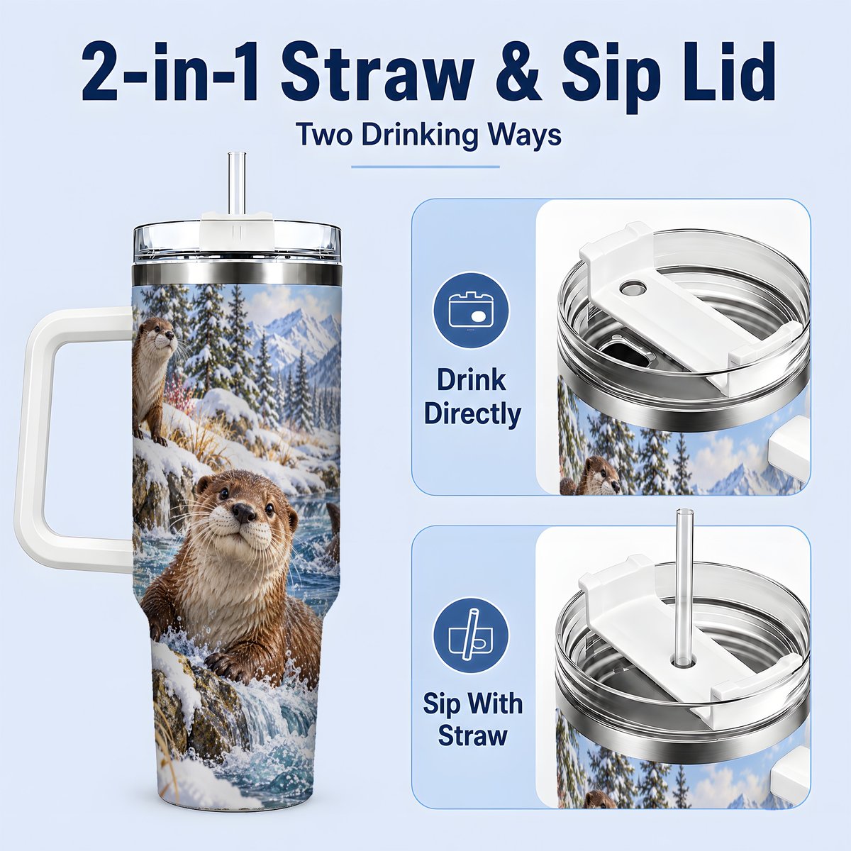 #pl[40oz|White] Winter Otters Tumbler 40oz, Alpine River Wildlife Artwork