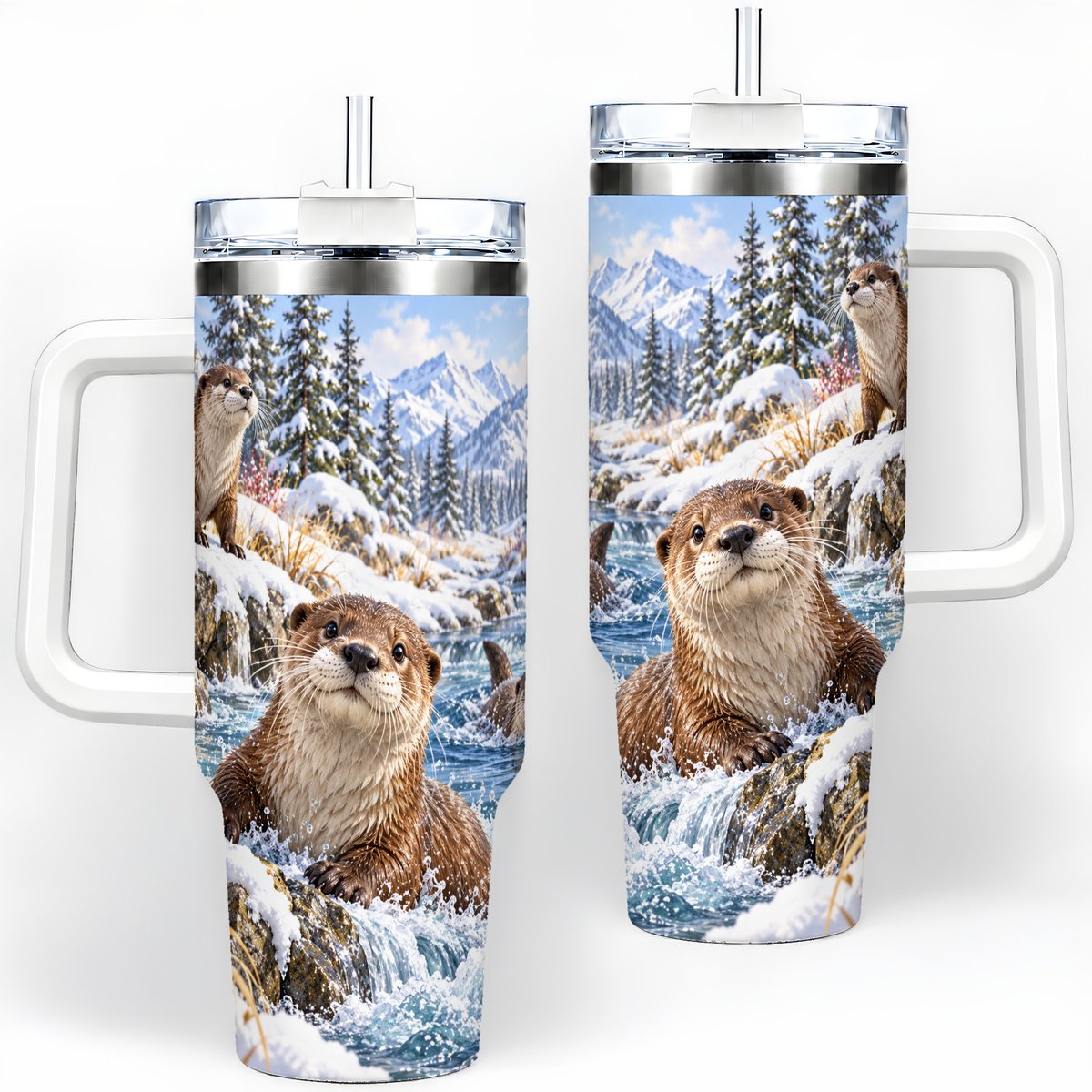 Winter Otters Tumbler 40oz, Alpine River Wildlife Artwork