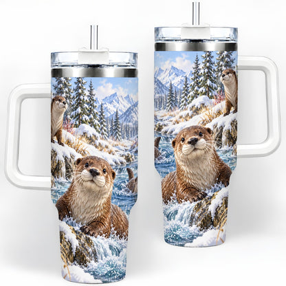 Winter Otters Tumbler 40oz, Alpine River Wildlife Artwork