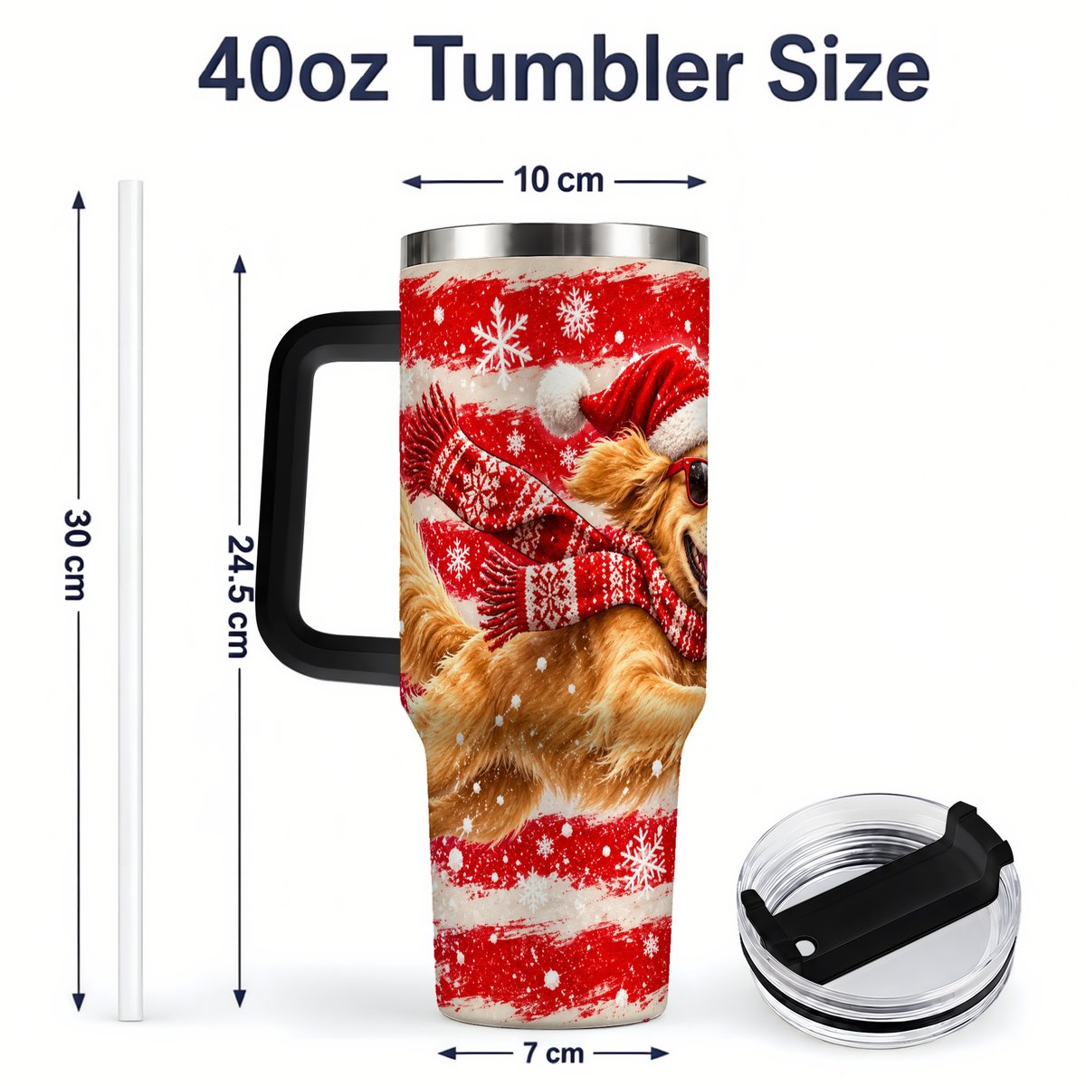 #pl[40oz|Black] Christmas Golden Retriever Tumbler 40oz, Red Snowflake Design