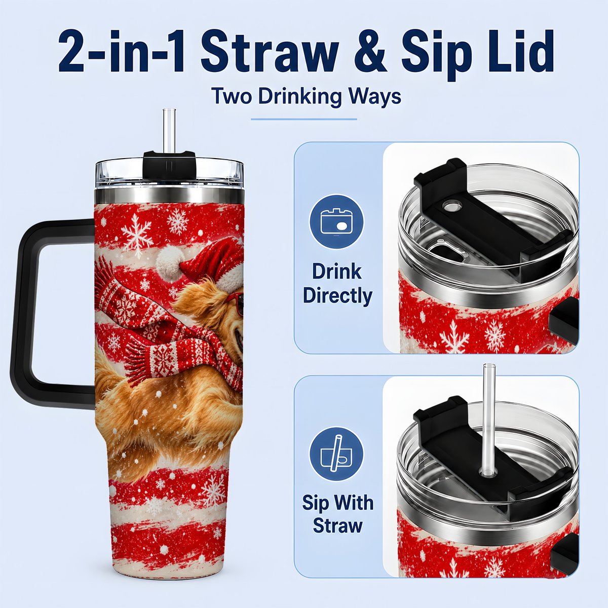 #pl[40oz|Black] Christmas Golden Retriever Tumbler 40oz, Red Snowflake Design