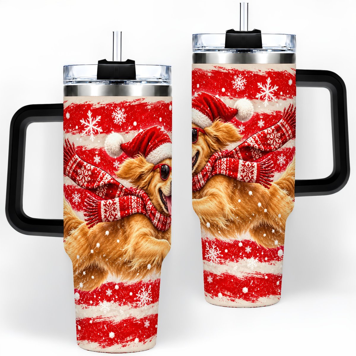 #pl[40oz|Black] Christmas Golden Retriever Tumbler 40oz, Red Snowflake Design