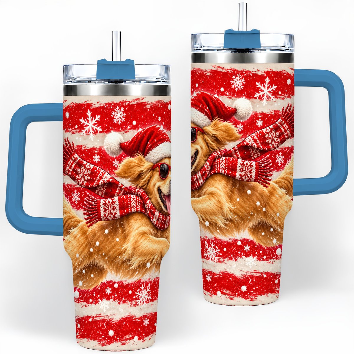 #pl[40oz|Blue] Christmas Golden Retriever Tumbler 40oz, Red Snowflake Design
