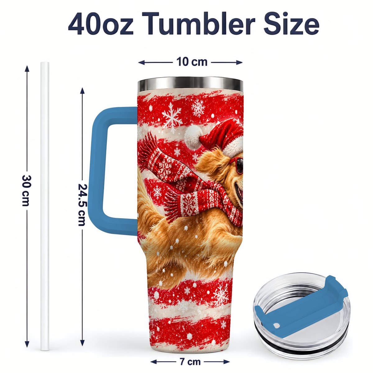 #pl[40oz|Blue] Christmas Golden Retriever Tumbler 40oz, Red Snowflake Design