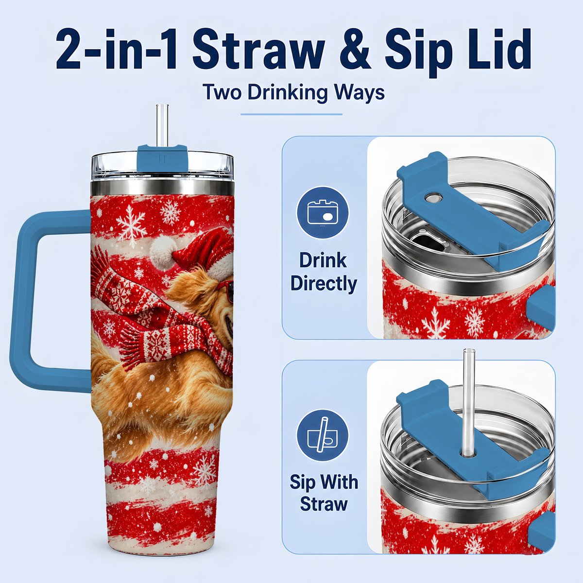 #pl[40oz|Blue] Christmas Golden Retriever Tumbler 40oz, Red Snowflake Design