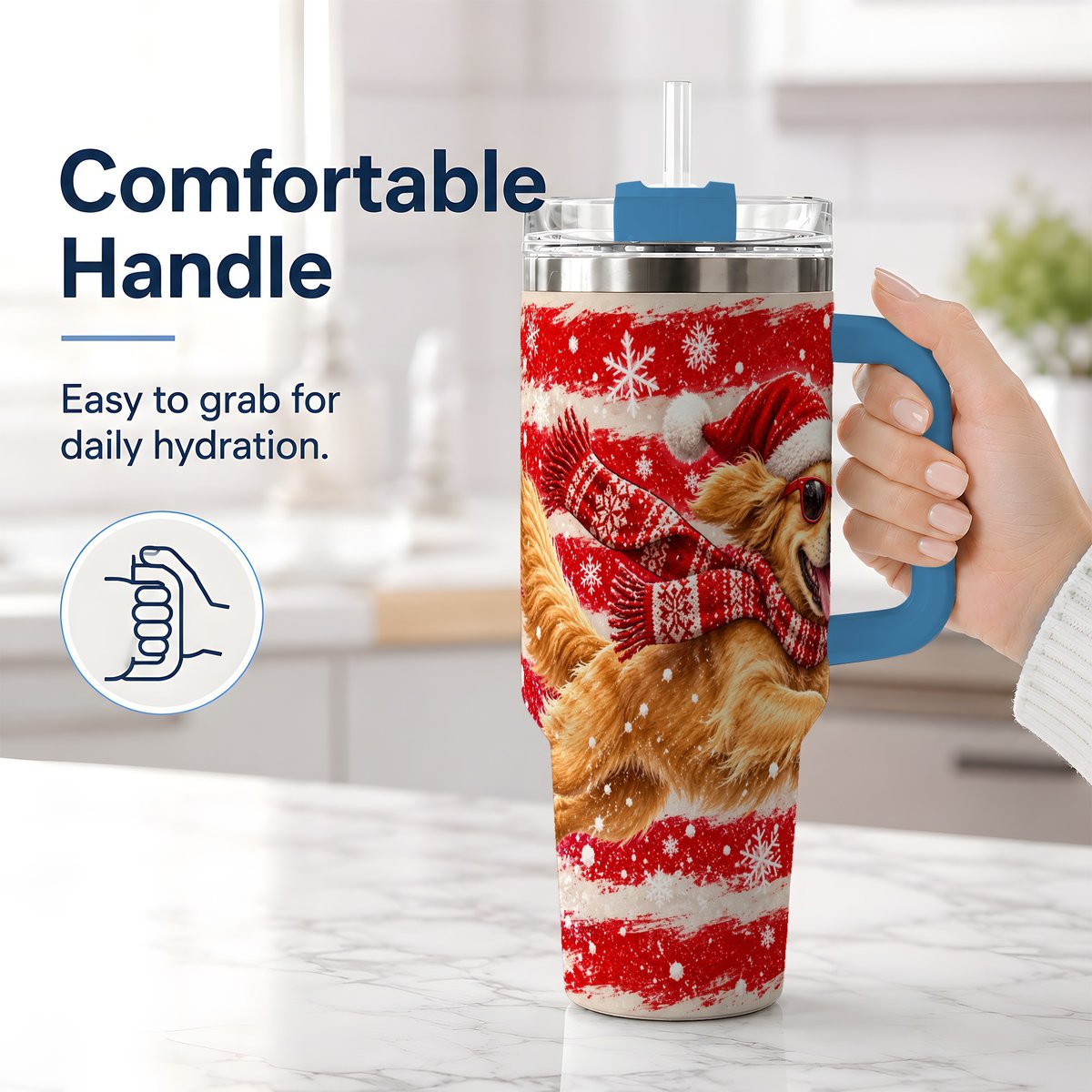 #pl[40oz|Blue] Christmas Golden Retriever Tumbler 40oz, Red Snowflake Design