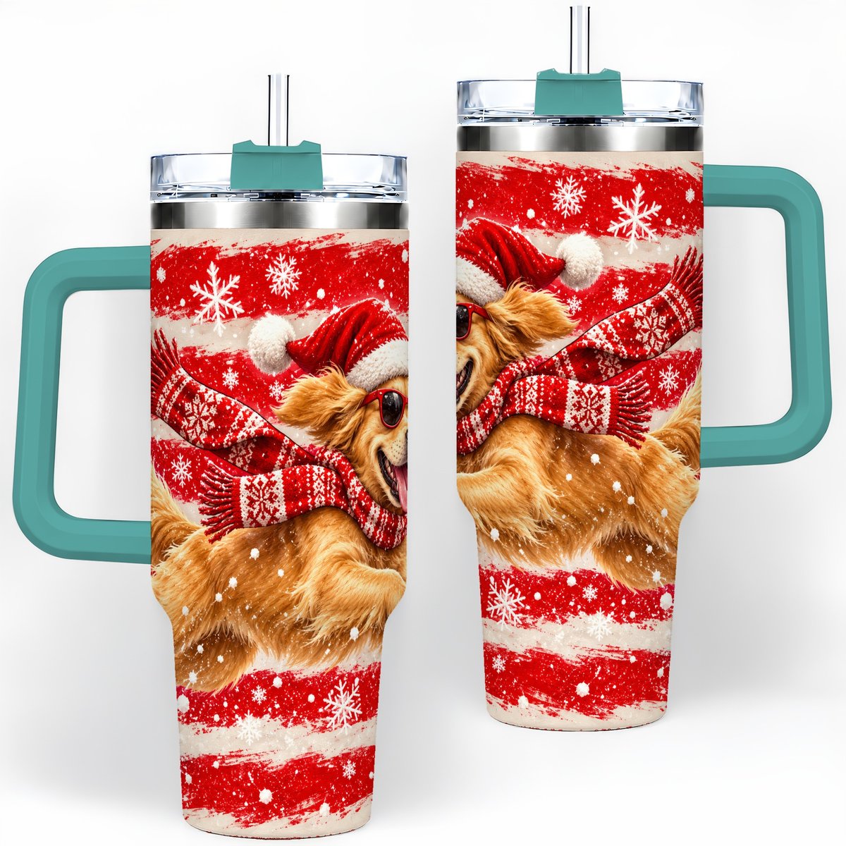 #pl[40oz|Green] Christmas Golden Retriever Tumbler 40oz, Red Snowflake Design