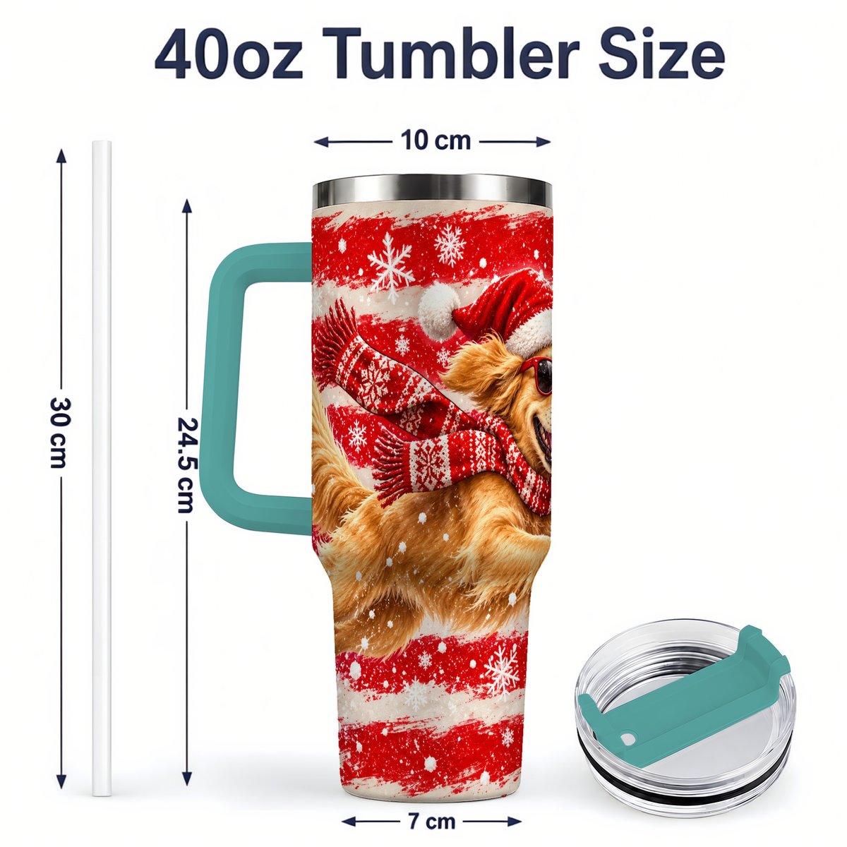 #pl[40oz|Green] Christmas Golden Retriever Tumbler 40oz, Red Snowflake Design