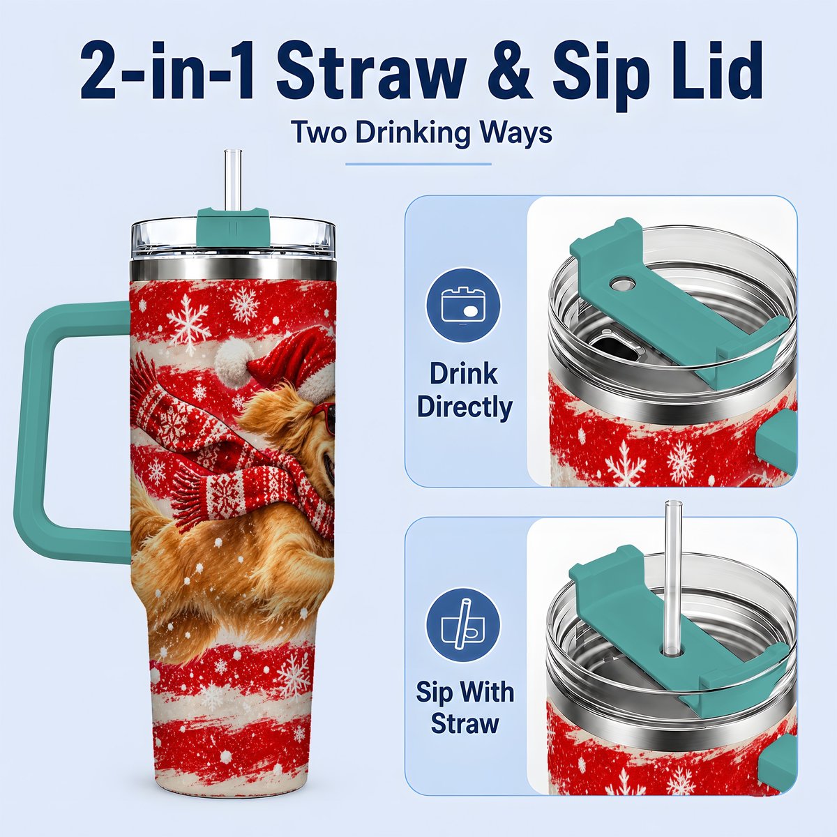 #pl[40oz|Green] Christmas Golden Retriever Tumbler 40oz, Red Snowflake Design