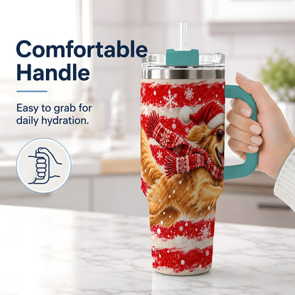 #pl[40oz|Green] Christmas Golden Retriever Tumbler 40oz, Red Snowflake Design