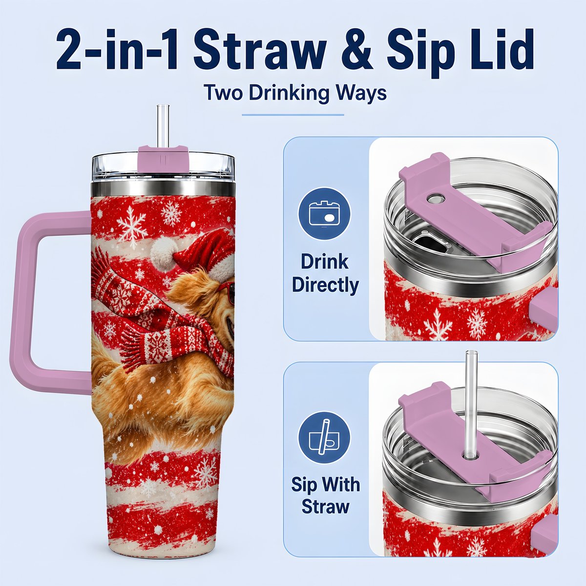#pl[40oz|Pink] Christmas Golden Retriever Tumbler 40oz, Red Snowflake Design