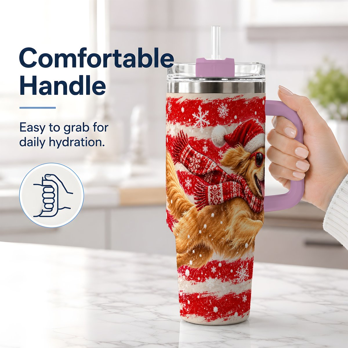 #pl[40oz|Pink] Christmas Golden Retriever Tumbler 40oz, Red Snowflake Design