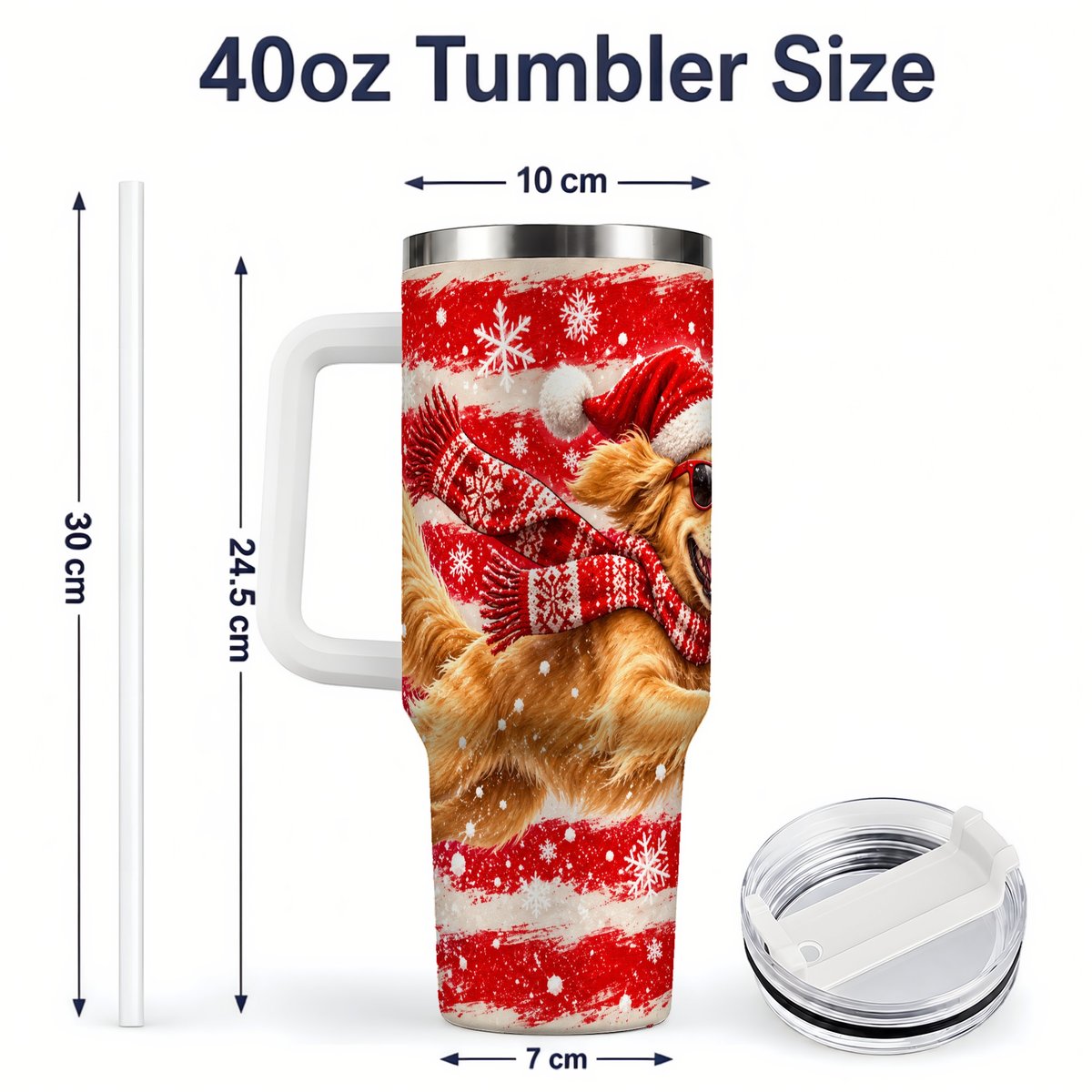 #pl[40oz|White] Christmas Golden Retriever Tumbler 40oz, Red Snowflake Design