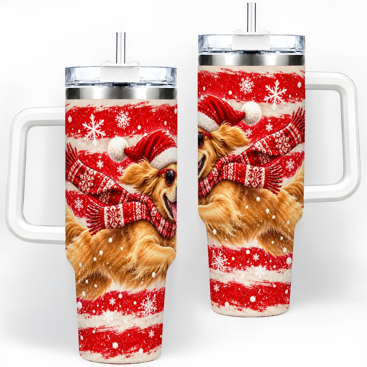 Christmas Golden Retriever Tumbler 40oz, Red Snowflake Design