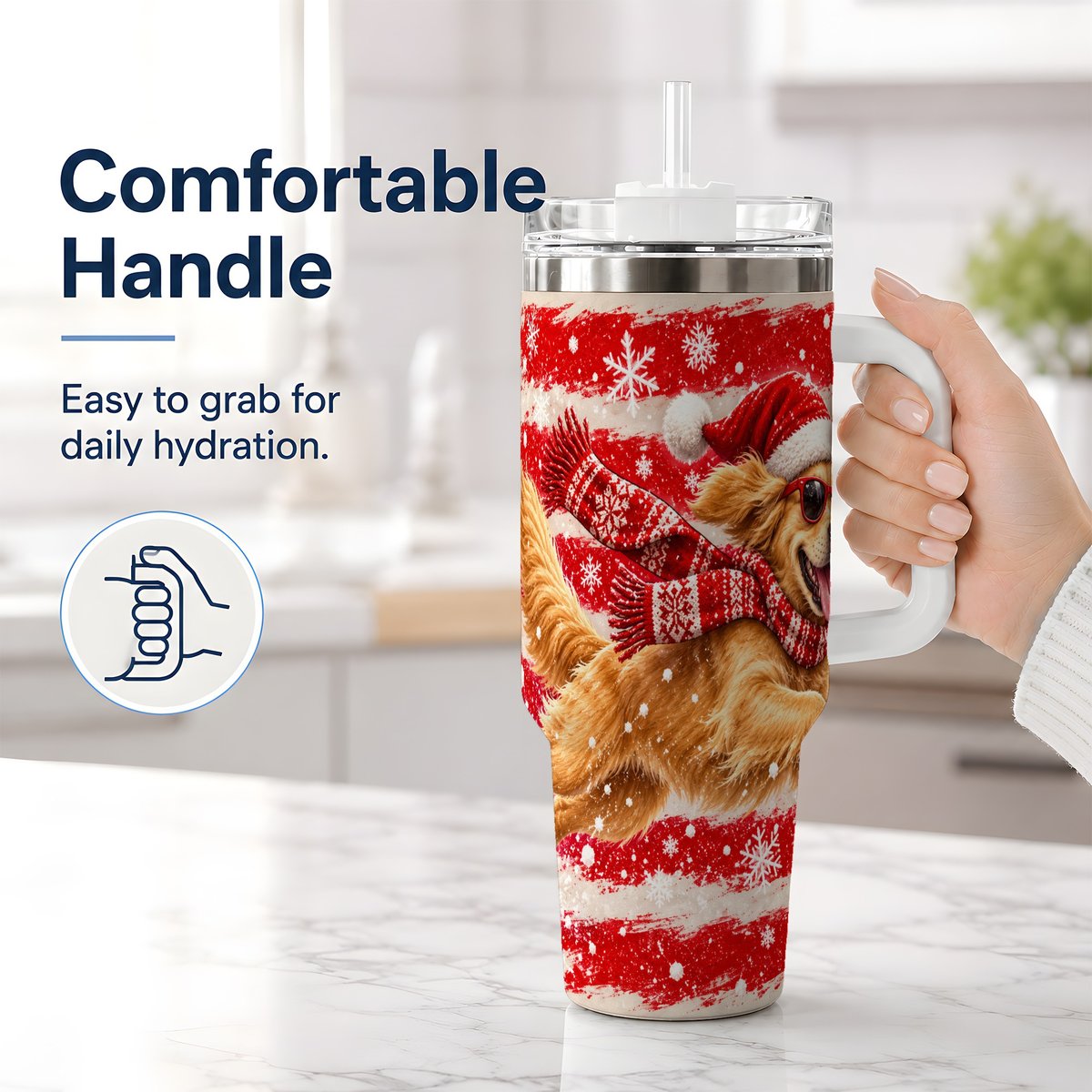 #pl[40oz|White] Christmas Golden Retriever Tumbler 40oz, Red Snowflake Design