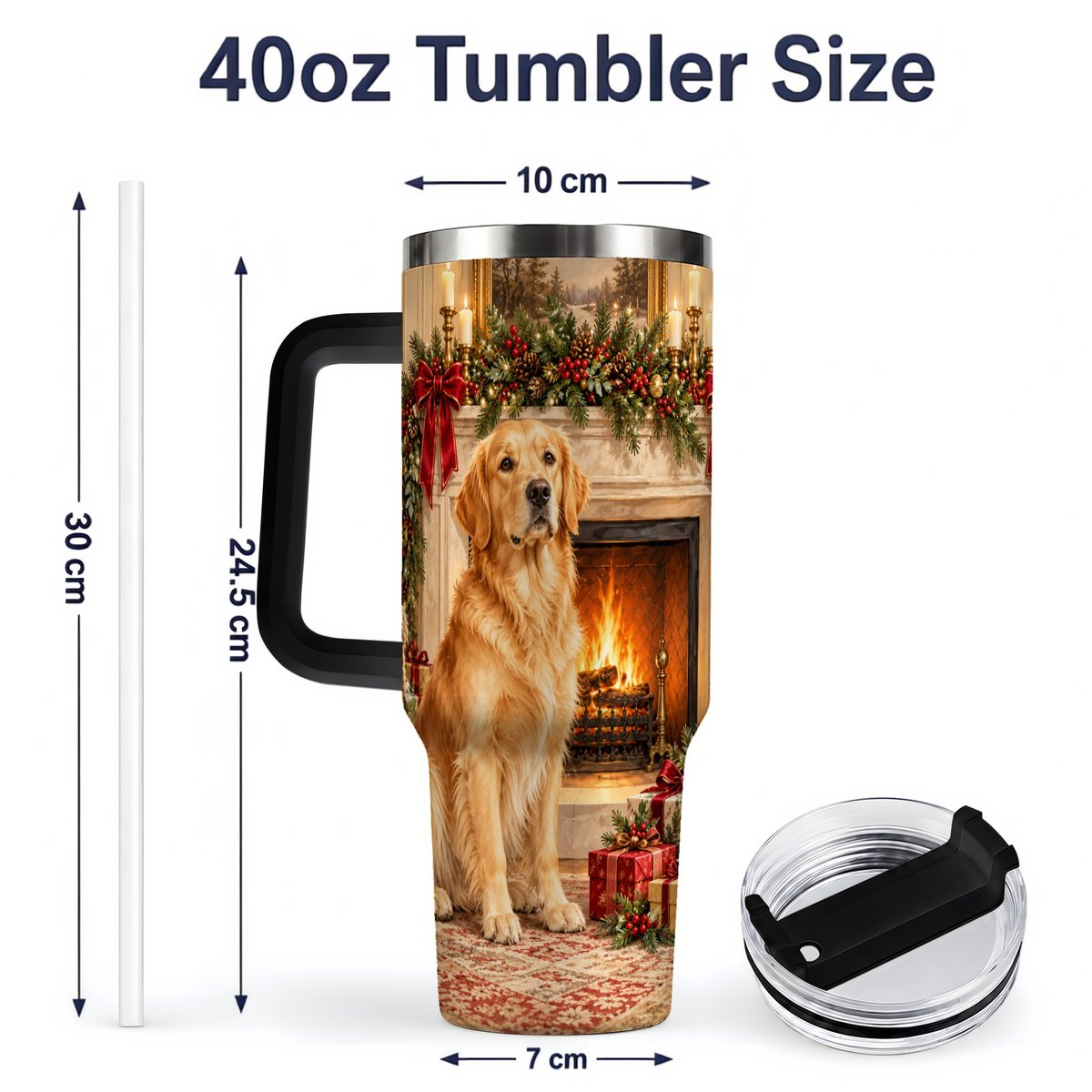 #pl[40oz|Black] Christmas Golden Retriever Tumbler 40oz, Holiday Living Room