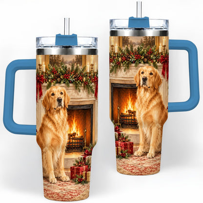 #pl[40oz|Blue] Christmas Golden Retriever Tumbler 40oz, Holiday Living Room