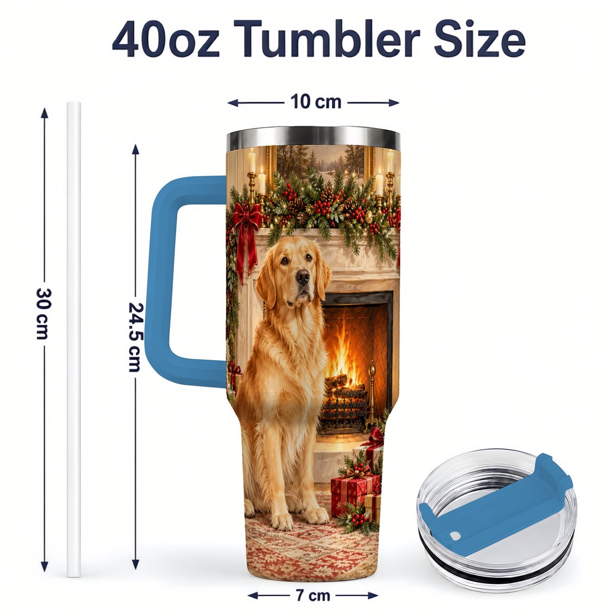 #pl[40oz|Blue] Christmas Golden Retriever Tumbler 40oz, Holiday Living Room