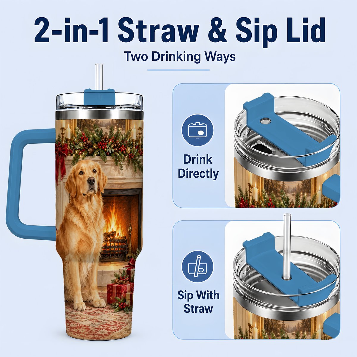 #pl[40oz|Blue] Christmas Golden Retriever Tumbler 40oz, Holiday Living Room
