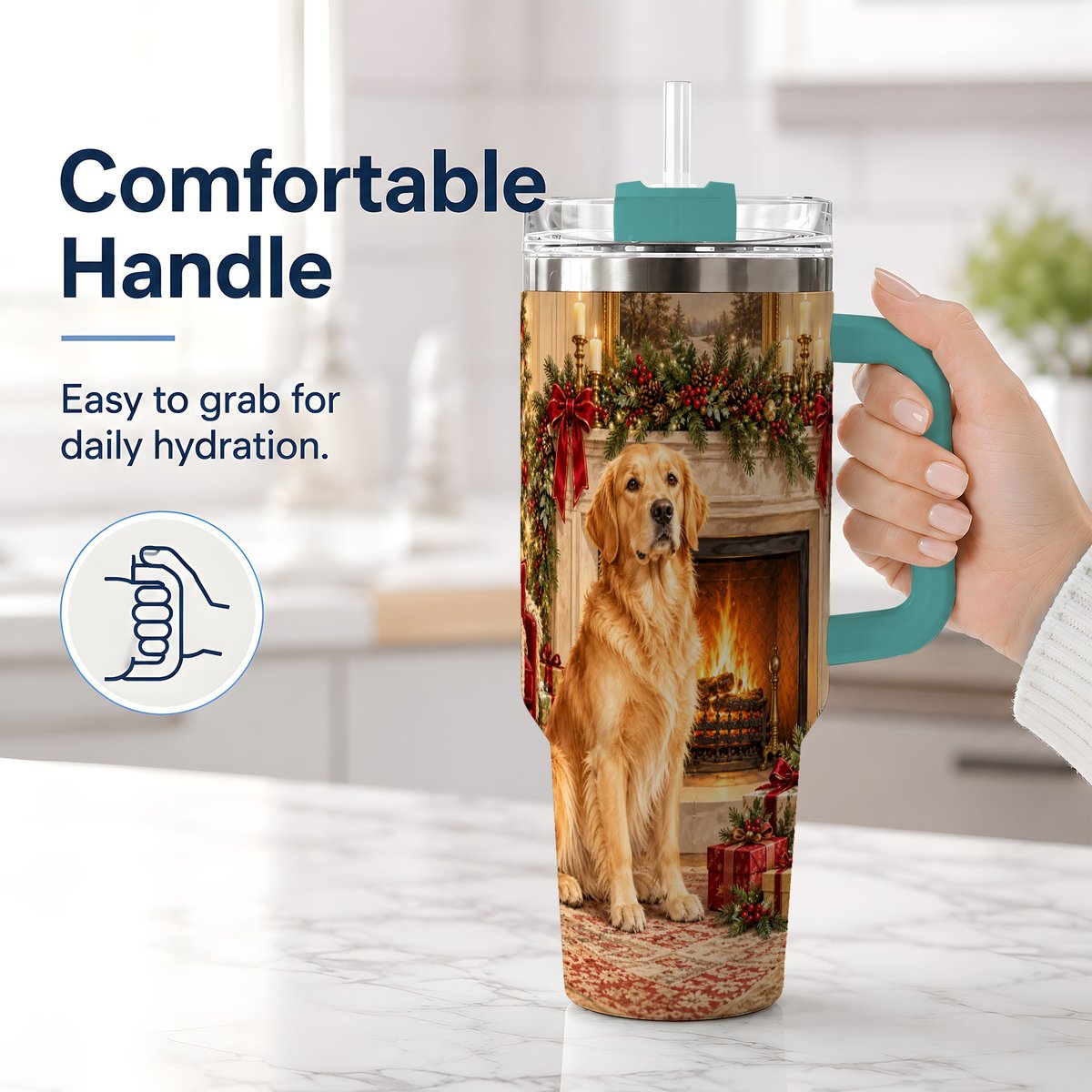 #pl[40oz|Green] Christmas Golden Retriever Tumbler 40oz, Holiday Living Room