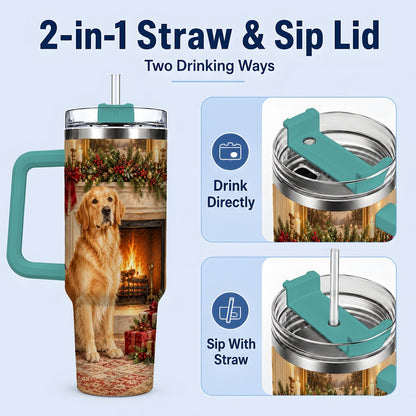 #pl[40oz|Green] Christmas Golden Retriever Tumbler 40oz, Holiday Living Room