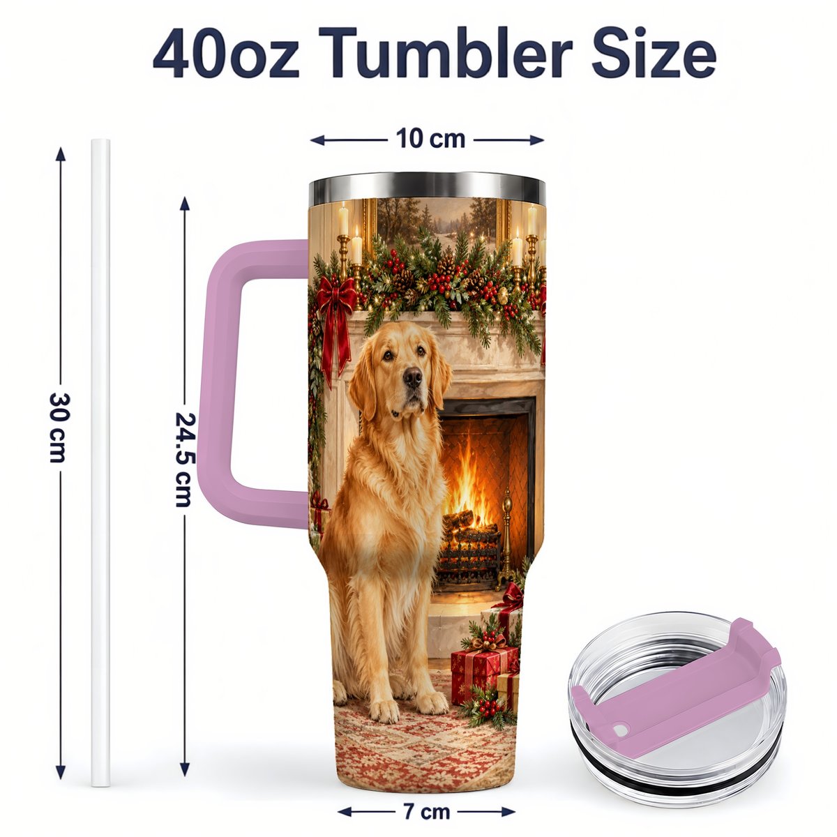 #pl[40oz|Pink] Christmas Golden Retriever Tumbler 40oz, Holiday Living Room