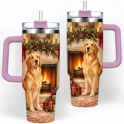 #pl[40oz|Pink] Christmas Golden Retriever Tumbler 40oz, Holiday Living Room
