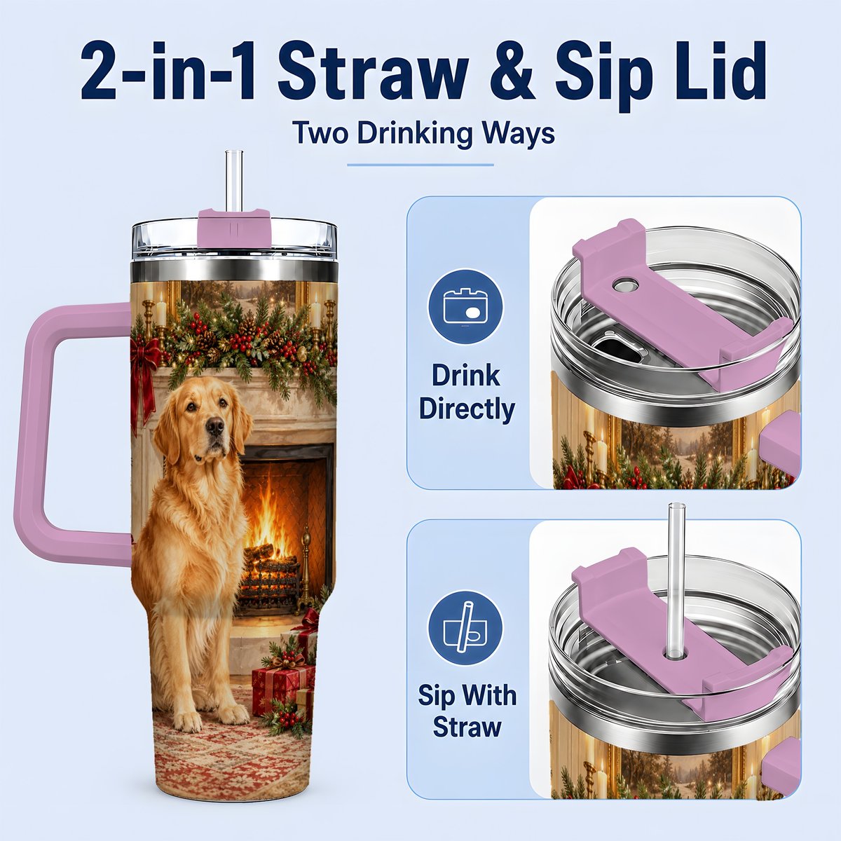#pl[40oz|Pink] Christmas Golden Retriever Tumbler 40oz, Holiday Living Room