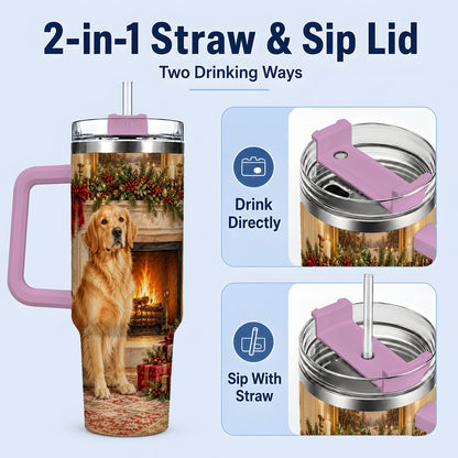 #pl[40oz|Pink] Christmas Golden Retriever Tumbler 40oz, Holiday Living Room