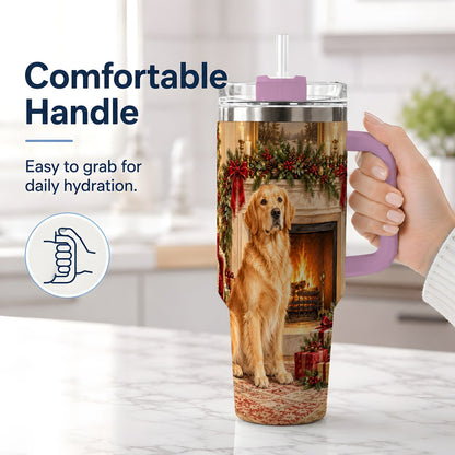 #pl[40oz|Pink] Christmas Golden Retriever Tumbler 40oz, Holiday Living Room