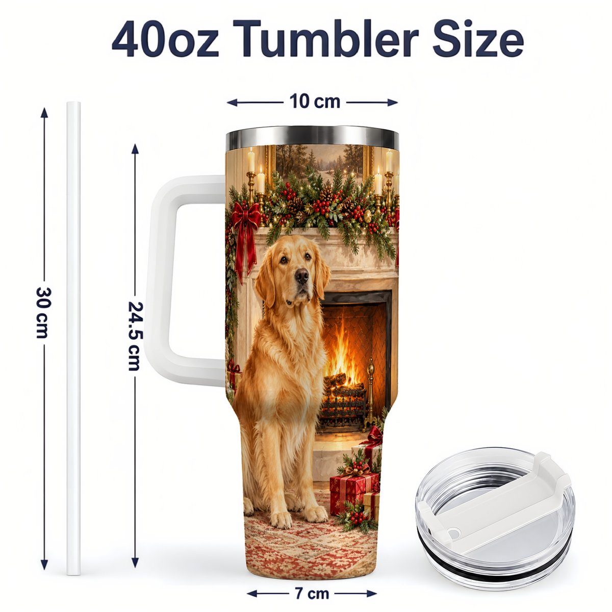 #pl[40oz|White] Christmas Golden Retriever Tumbler 40oz, Holiday Living Room