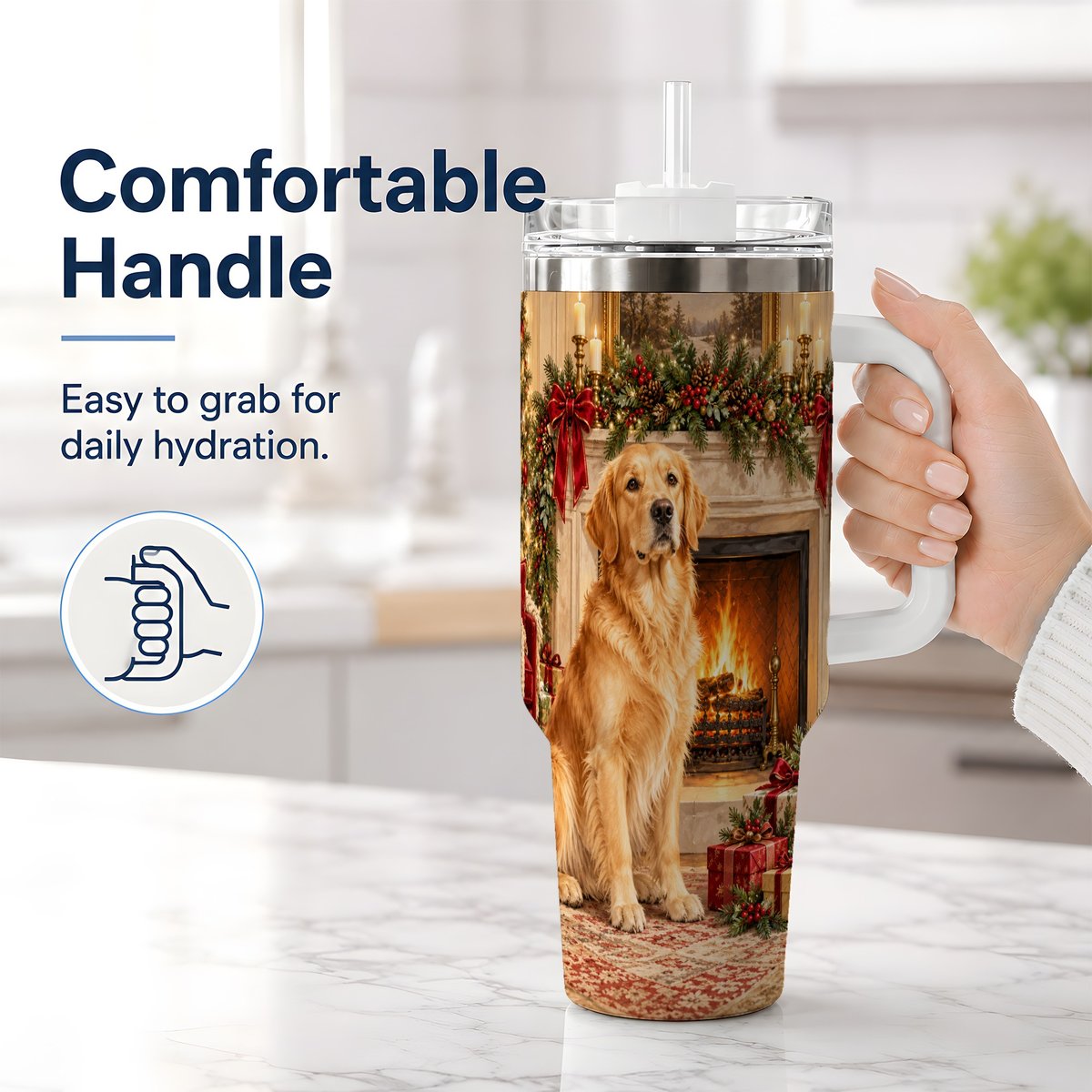 #pl[40oz|White] Christmas Golden Retriever Tumbler 40oz, Holiday Living Room